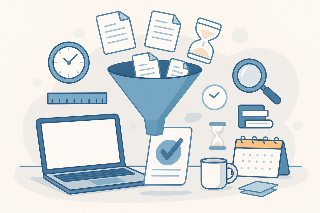 Concept illustration of narrowing research ideas into a finishable term paper: funnel, documents, clock, laptop, calendar.