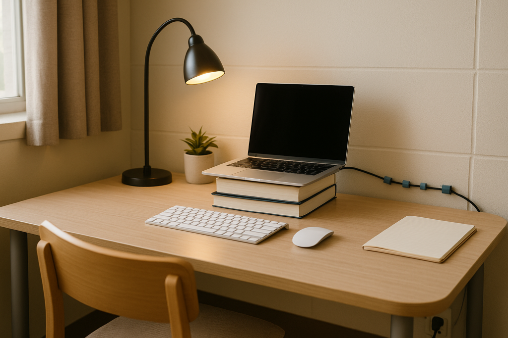 Budget dorm desk with laptop elevated on textbooks, white keyboard and mouse, side gooseneck lamp, and a small plant in soft window light.