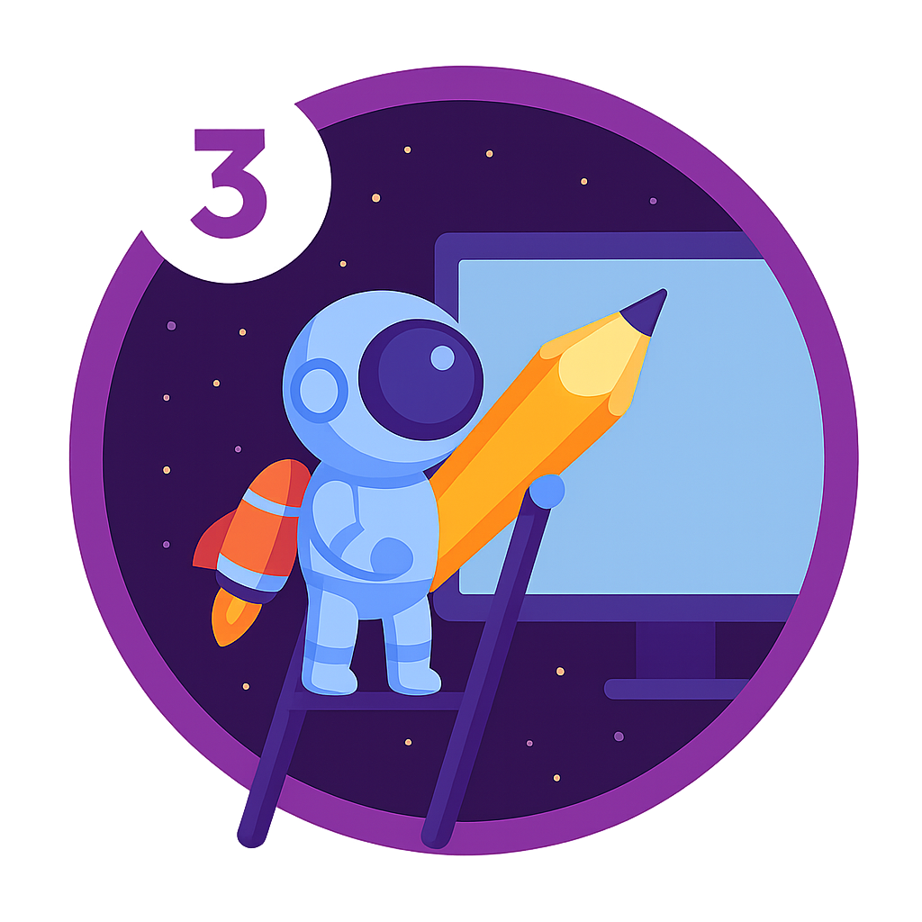 Step 3 icon — download your paper (astronaut with pencil, number 3)